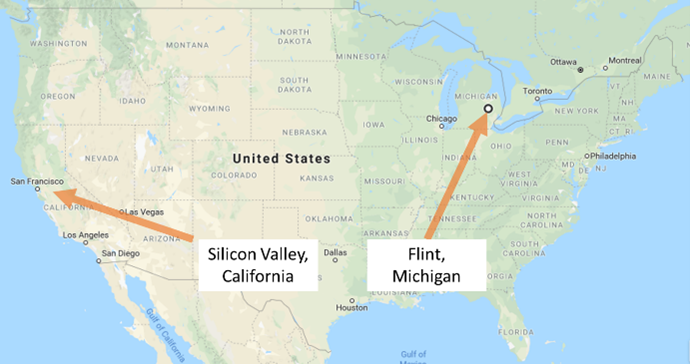 Locations of Silicon Valley and Flint